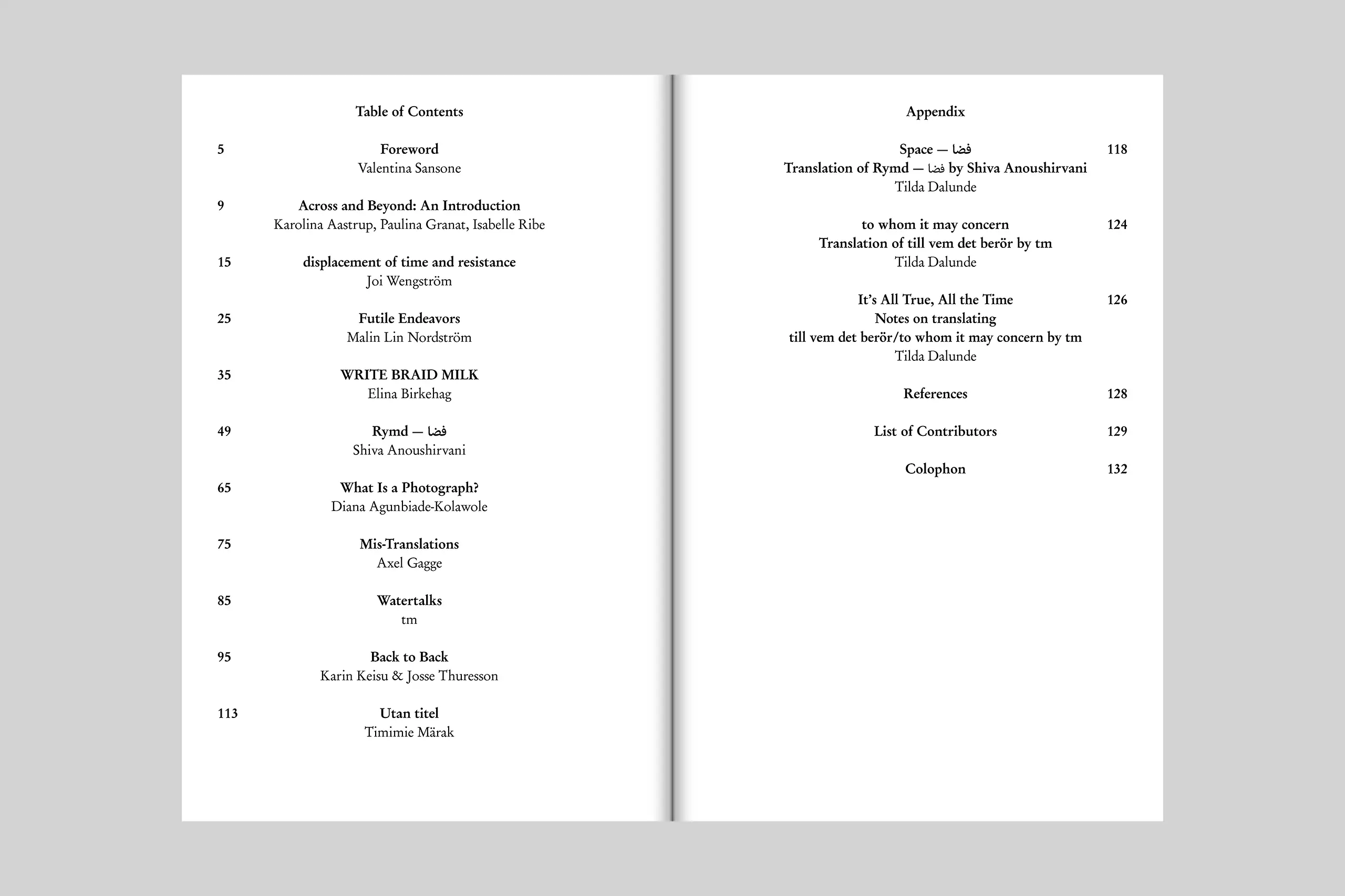 Across and Beyond, table of contents